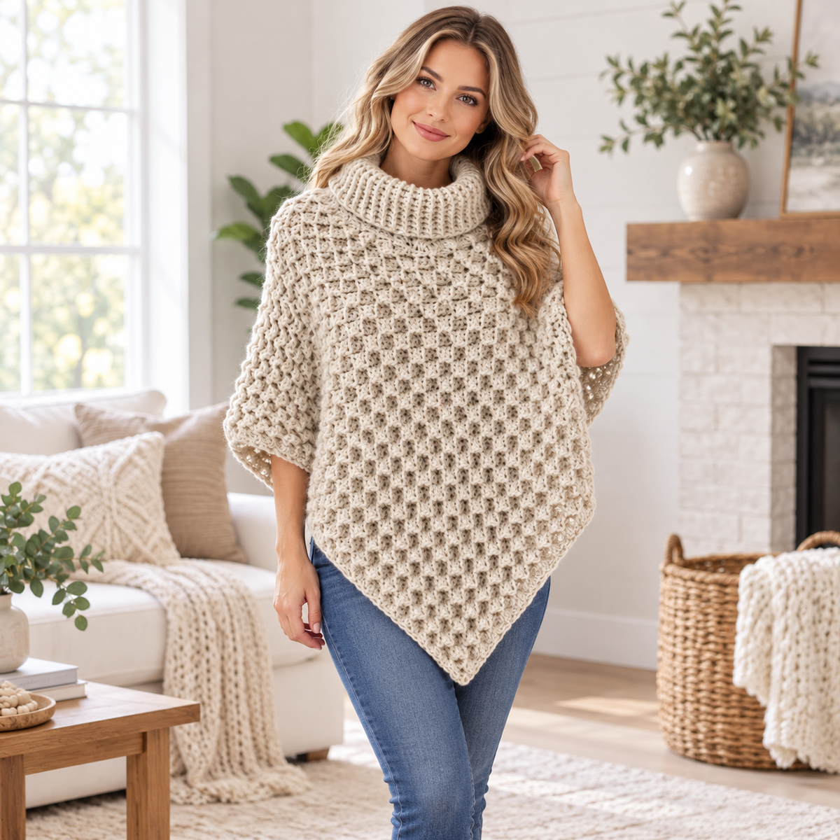 Crochet Turtleneck Poncho Pattern PDF + Video Tutorial, Chunky Textured Poncho, Cozy Women's Crochet Cape, Fall Winter Crochet Pattern