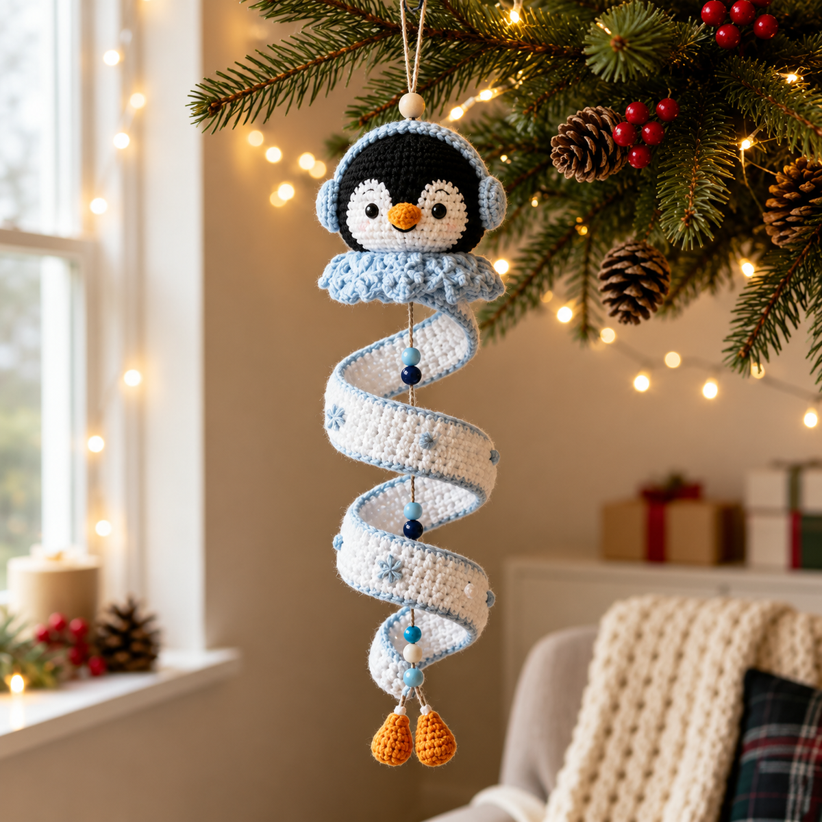 4-in-1 Christmas Spiral Ornament Crochet Pattern PDF | Penguin Reindeer Ghost Gingerbread Hanging Decor | Xmas Wind Spinner Crochet Pattern