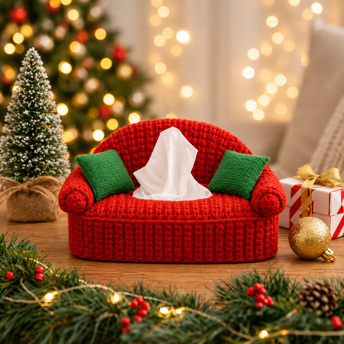 Crochet Tissue Box Cover Pattern PDF | Mini Sofa Tissue Holder Crochet Pattern | Christmas Couch Tissue Box Cozy | Cute Home Decor | 4 Languages