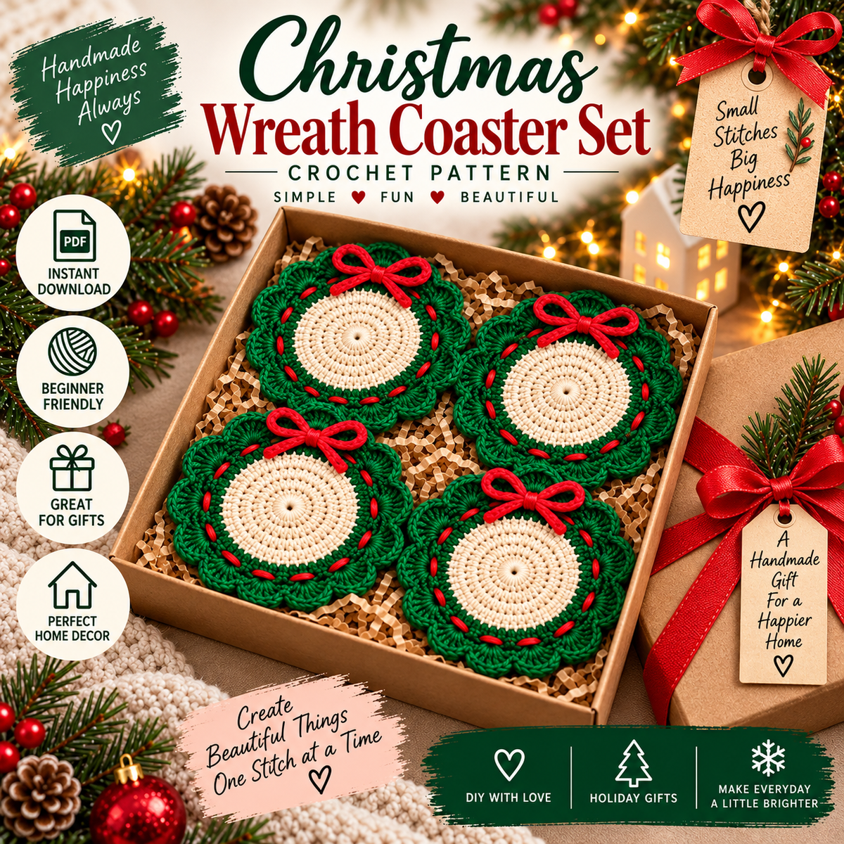 Christmas Wreath Coaster Crochet Pattern PDF, Holiday Table Decor, Christmas Crochet Coaster, Festive Mug Mat, Beginner Crochet Pattern