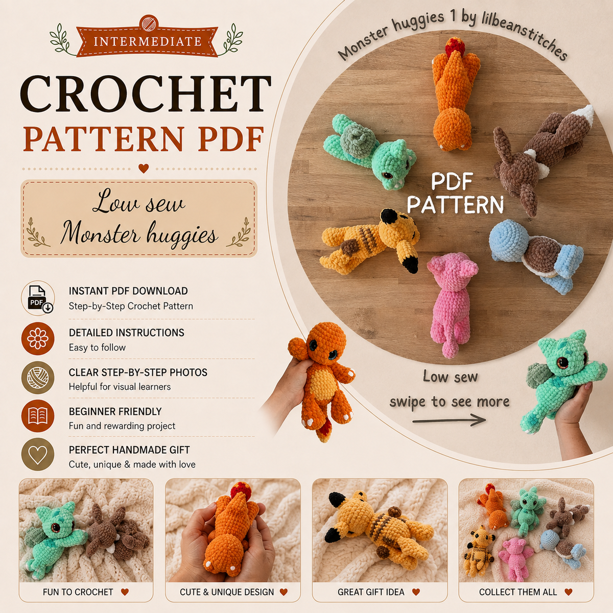 6 in 1 Monster Huggies Crochet Pattern PDF, Low Sew Pocket Pal Amigurumi, Cute Mini Creature Plushies, Digital Download