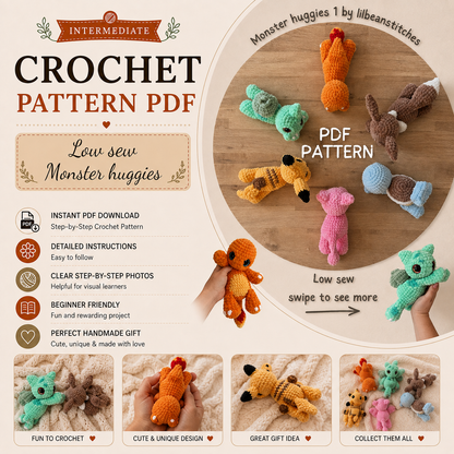 6 in 1 Monster Huggies Crochet Pattern PDF, Low Sew Pocket Pal Amigurumi, Cute Mini Creature Plushies, Digital Download
