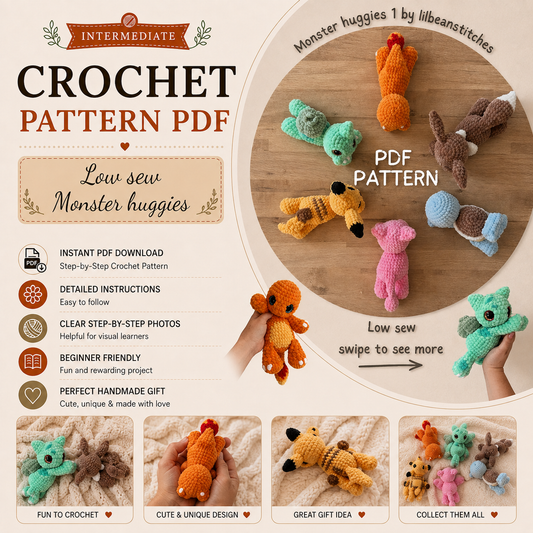 6 in 1 Monster Huggies Crochet Pattern PDF, Low Sew Pocket Pal Amigurumi, Cute Mini Creature Plushies, Digital Download