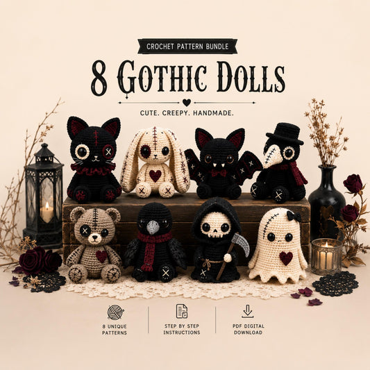 Gothic Crochet Pattern Bundle PDF – 8 Spooky Amigurumi Dolls, Halloween Crochet Patterns, Instant Download