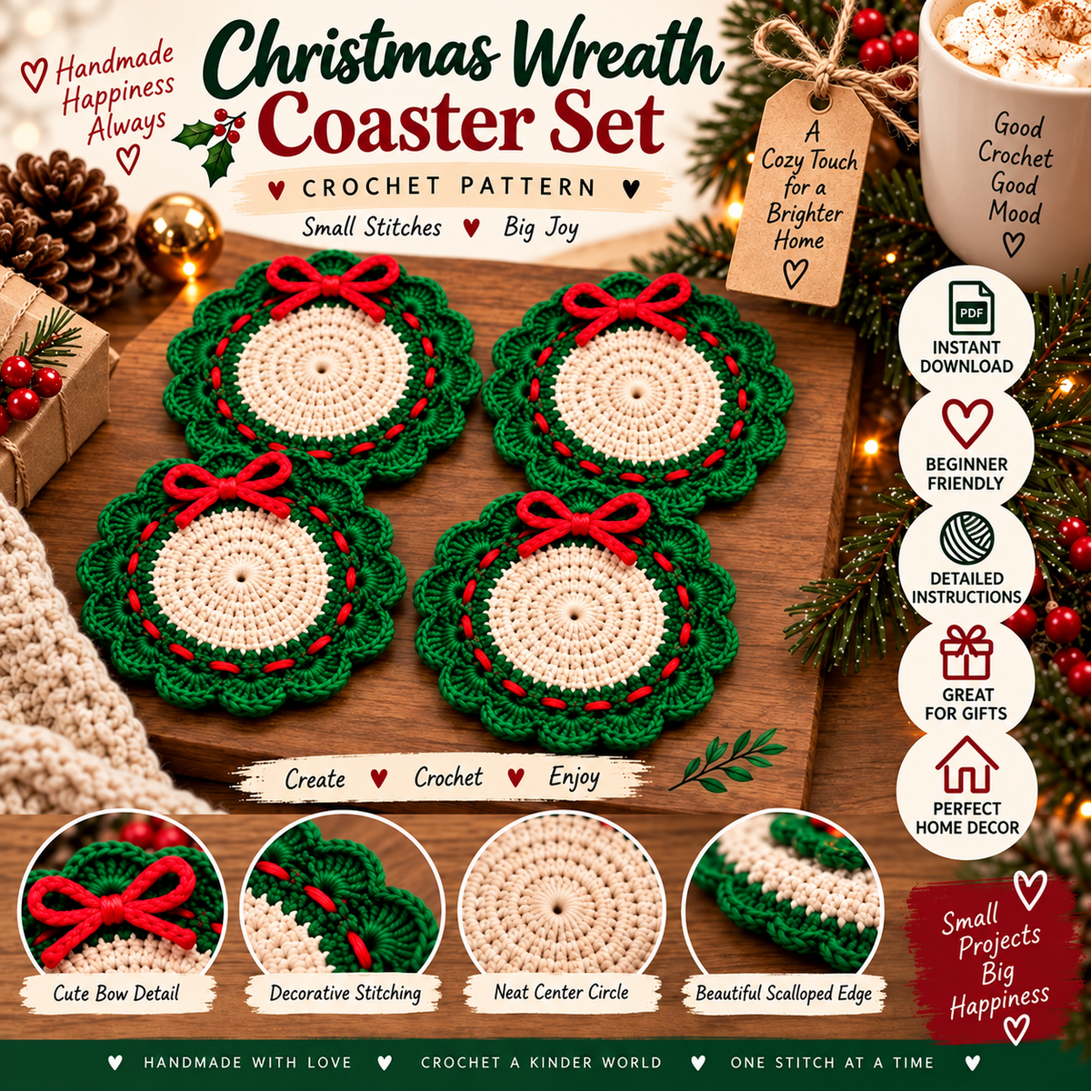 Christmas Wreath Coaster Crochet Pattern PDF, Holiday Table Decor, Christmas Crochet Coaster, Festive Mug Mat, Beginner Crochet Pattern
