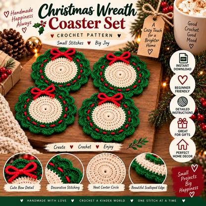 Christmas Wreath Coaster Crochet Pattern PDF, Holiday Table Decor, Christmas Crochet Coaster, Festive Mug Mat, Beginner Crochet Pattern