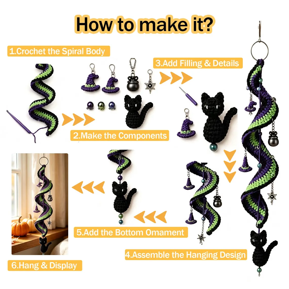 Halloween Crochet Spiral Wind Chime Ornament DIY Kit & Pattern, Ghost Pumpkin Bat Black Cat Hanging Decor, Beginner Friendly Handmade Halloween Gift