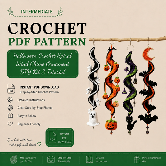 Halloween Crochet Spiral Wind Chime Ornament DIY Kit & Pattern, Ghost Pumpkin Bat Black Cat Hanging Decor, Beginner Friendly Handmade Halloween Gift