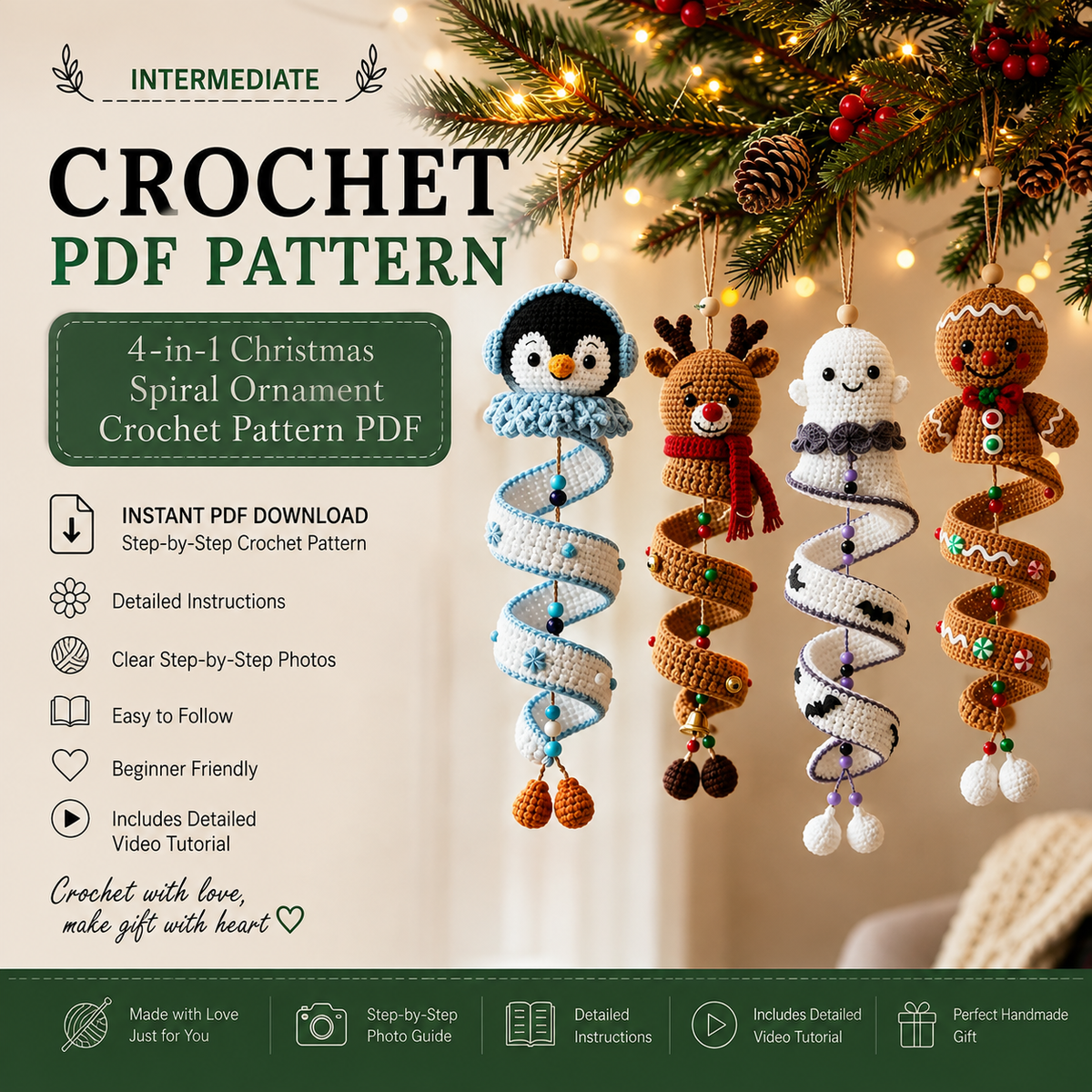 4-in-1 Christmas Spiral Ornament Crochet Pattern PDF |  Penguin Reindeer Ghost Gingerbread Hanging Decor | Xmas Wind Spinner Crochet Pattern