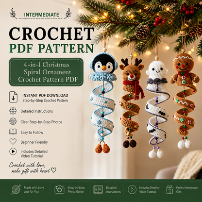 4-in-1 Christmas Spiral Ornament Crochet Pattern PDF |  Penguin Reindeer Ghost Gingerbread Hanging Decor | Xmas Wind Spinner Crochet Pattern