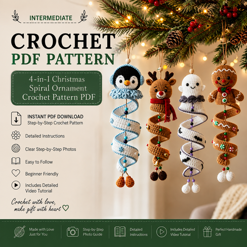 4-in-1 Christmas Spiral Ornament Crochet Pattern PDF |  Penguin Reindeer Ghost Gingerbread Hanging Decor | Xmas Wind Spinner Crochet Pattern