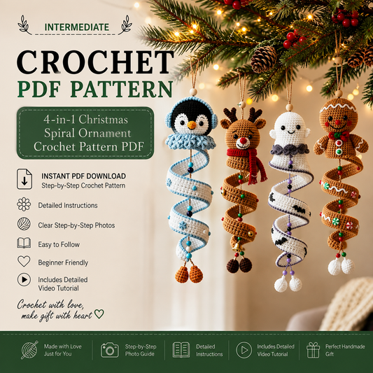 4-in-1 Christmas Spiral Ornament Crochet Pattern PDF |  Penguin Reindeer Ghost Gingerbread Hanging Decor | Xmas Wind Spinner Crochet Pattern
