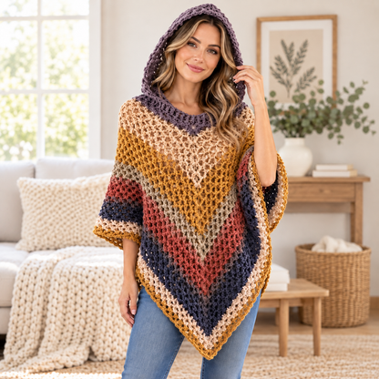 Crochet Hooded Poncho Pattern PDF + Video Tutorial, Autumn Leaves Poncho Crochet Pattern, Women’s Boho Poncho, Fall Crochet Clothing