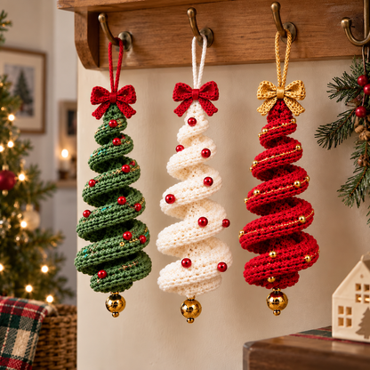 3 in 1 Christmas Spiral Crochet Pattern Bundle PDF |  Crochet Christmas Tree Ornament | Hanging Holiday Decor | Xmas Crochet Pattern