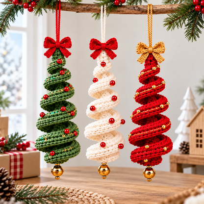 3 in 1 Christmas Spiral Crochet Pattern Bundle PDF |  Crochet Christmas Tree Ornament | Hanging Holiday Decor | Xmas Crochet Pattern
