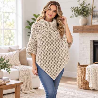Crochet Turtleneck Poncho Pattern PDF + Video Tutorial, Chunky Textured Poncho, Cozy Women's Crochet Cape, Fall Winter Crochet Pattern