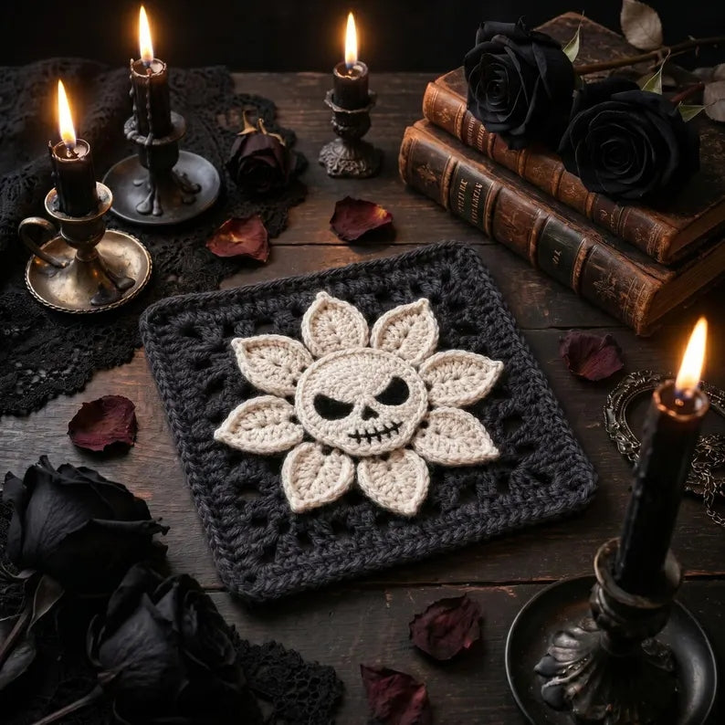 Skull Flower Granny Square Crochet Pattern PDF, Gothic Blanket Motif, Halloween Crochet Decor, Spooky Floral Square Instant Download