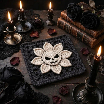 Skull Flower Granny Square Crochet Pattern PDF, Gothic Blanket Motif, Halloween Crochet Decor, Spooky Floral Square Instant Download