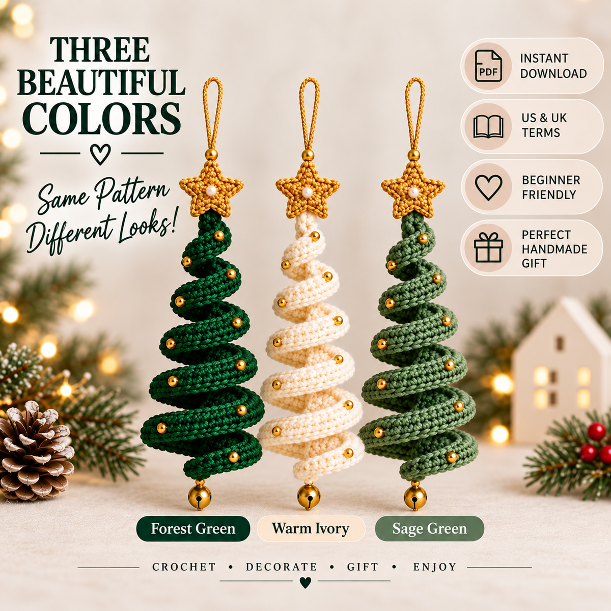3-in-1 Crochet Christmas Tree Pattern PDF | Spiral Christmas Tree Ornament Crochet Pattern | DIY Xmas Tree Hanging Decorations | Beginner Friendly | Instant Download