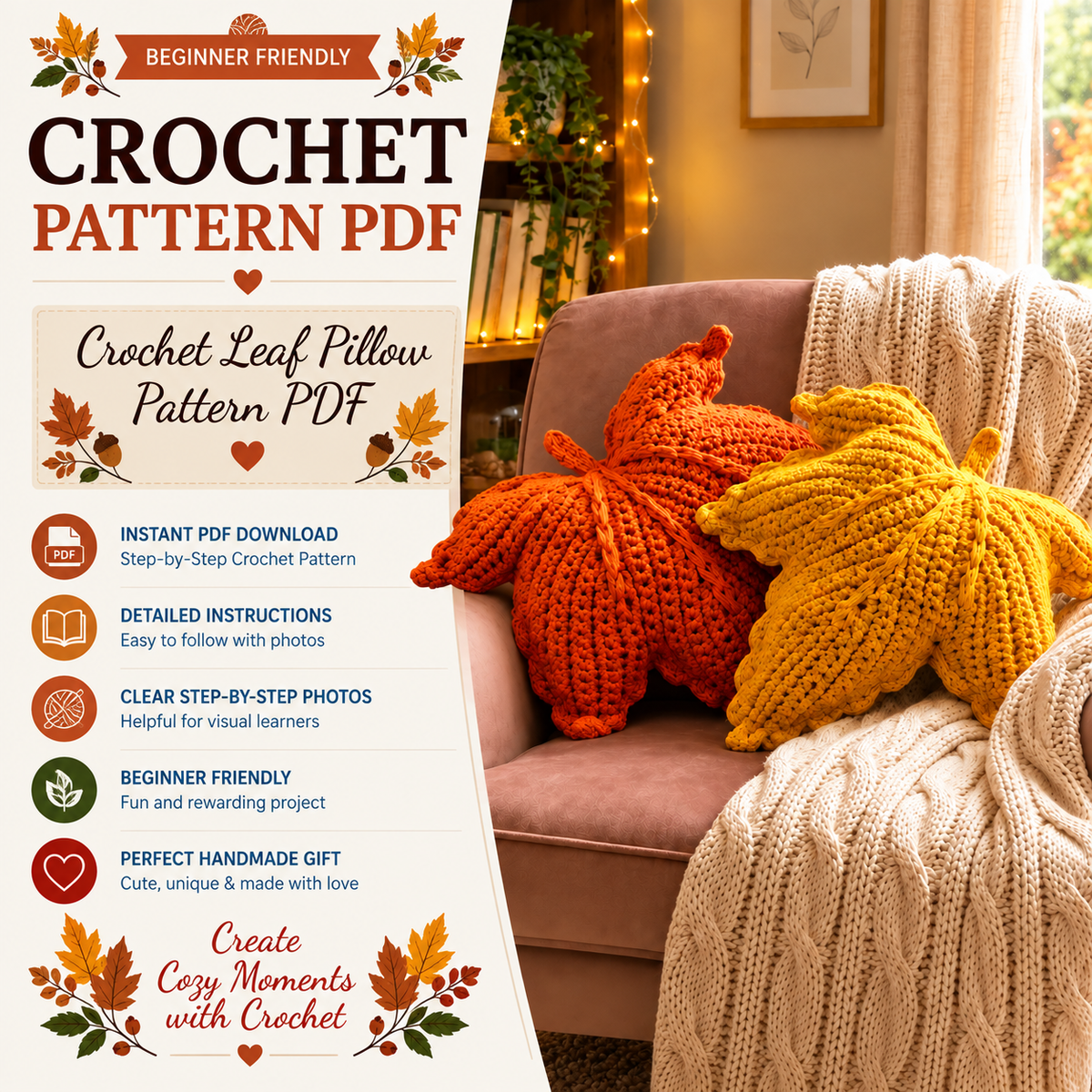 Crochet Leaf Pillow Pattern PDF | Maple Leaf Cushion Crochet Pattern | Fall Autumn Home Decor | Beginner Friendly | 4 Languages