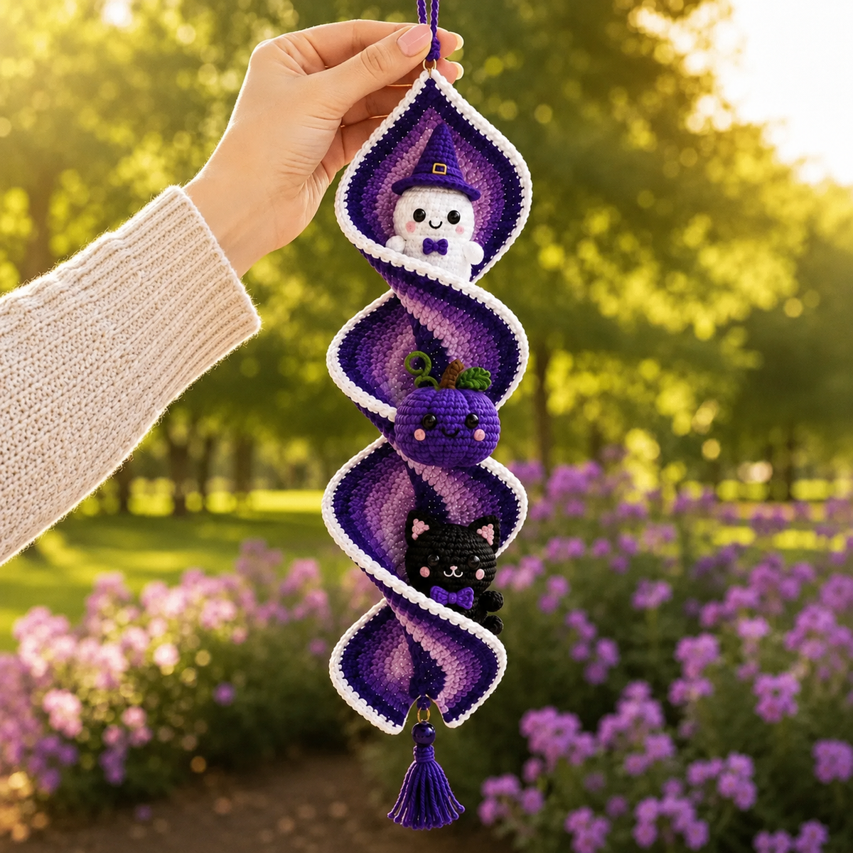 Halloween Crochet Spiral Wind Spinner PDF Pattern, Ghost Pumpkin Black Cat Amigurumi Hanging Decor, Spooky Fall Crochet Tutorial