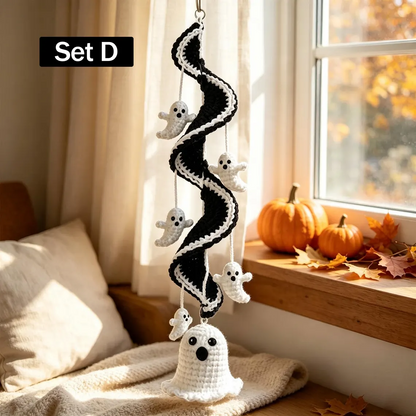 Halloween Crochet Spiral Wind Chime Ornament DIY Kit & Pattern, Ghost Pumpkin Bat Black Cat Hanging Decor, Beginner Friendly Handmade Halloween Gift
