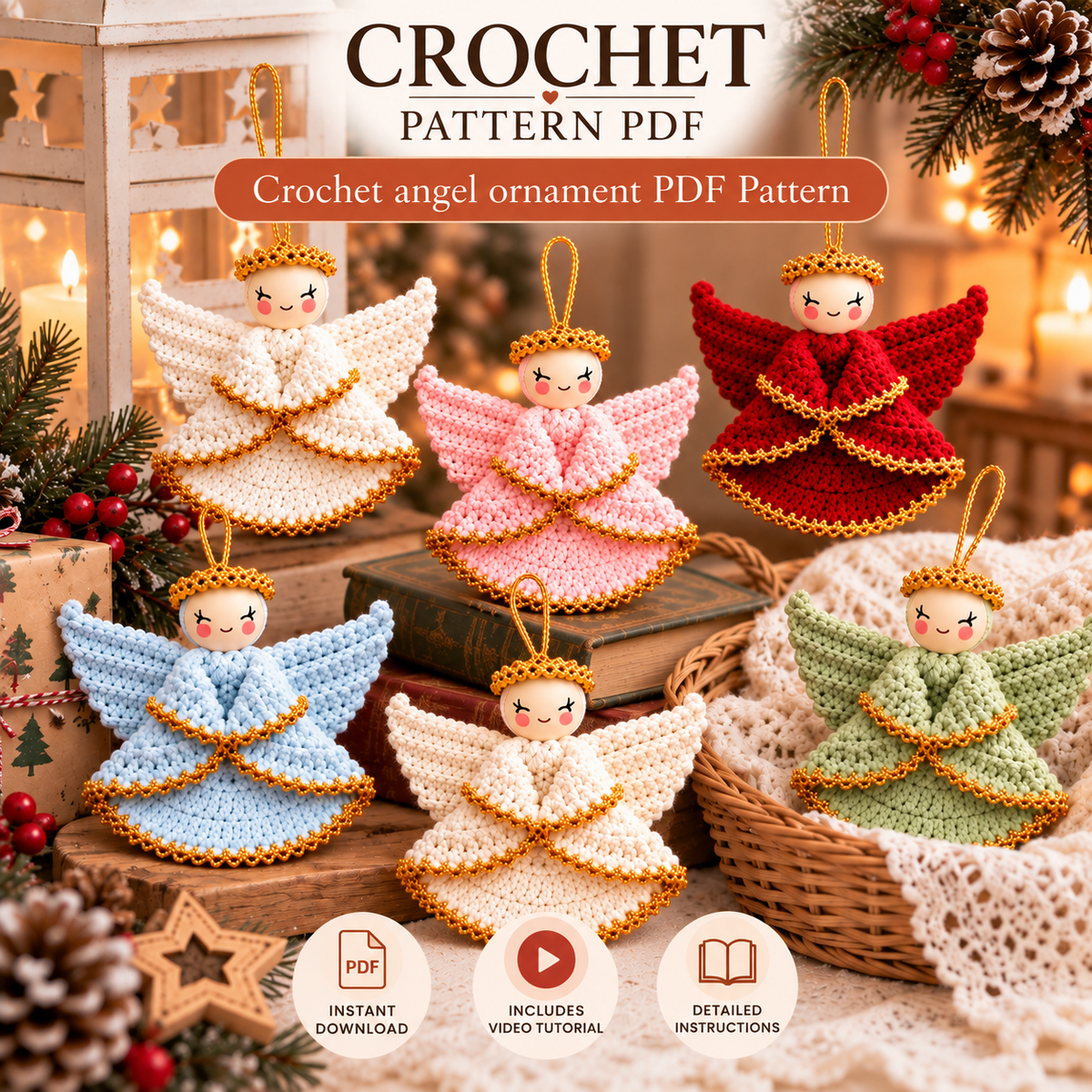 Crochet Angel Ornament Pattern PDF + Video Tutorial |  Christmas Angel Crochet Pattern |  Holiday Tree Ornament |  Handmade Christmas Decor