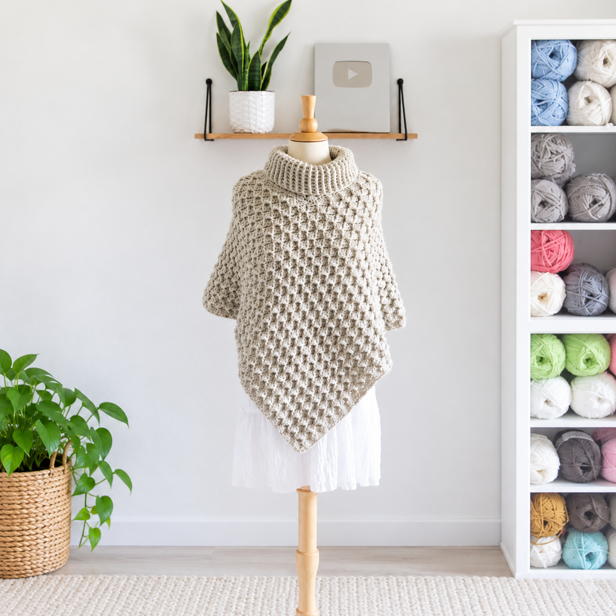 Crochet Turtleneck Poncho Pattern PDF + Video Tutorial, Chunky Textured Poncho, Cozy Women's Crochet Cape, Fall Winter Crochet Pattern