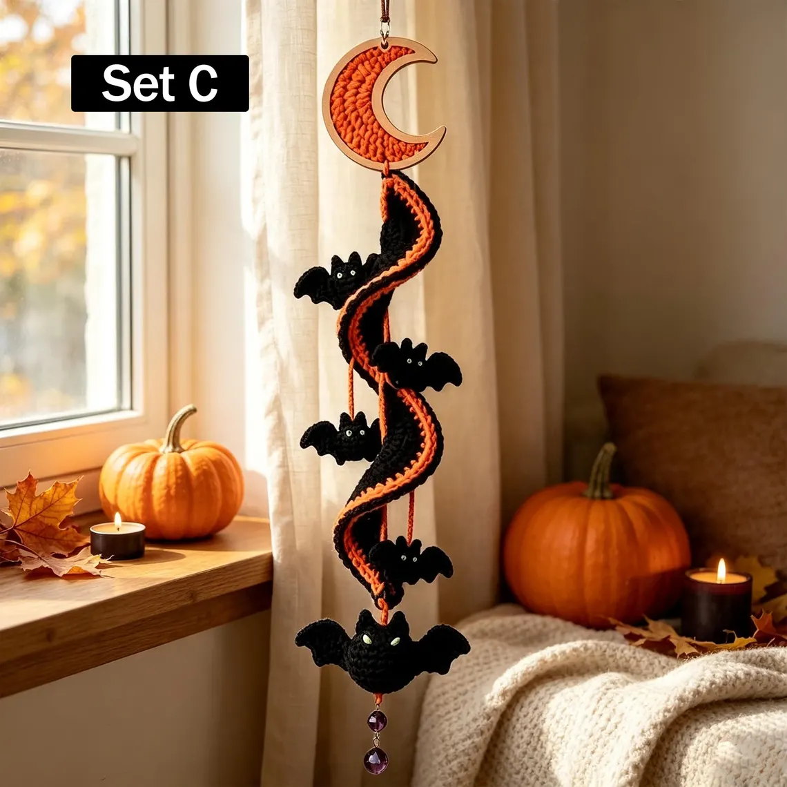 Halloween Crochet Spiral Wind Chime Ornament DIY Kit & Pattern, Ghost Pumpkin Bat Black Cat Hanging Decor, Beginner Friendly Handmade Halloween Gift