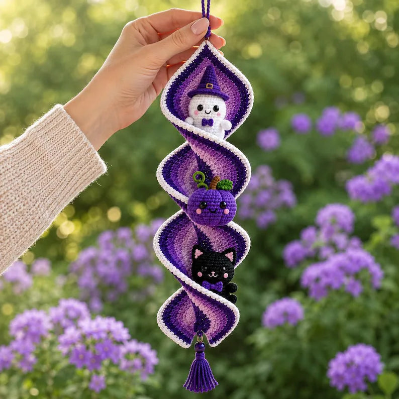 Halloween Crochet Spiral Wind Spinner PDF Pattern, Ghost Pumpkin Black Cat Amigurumi Hanging Decor, Spooky Fall Crochet Tutorial