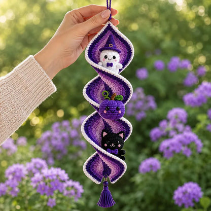Halloween Crochet Spiral Wind Spinner PDF Pattern, Ghost Pumpkin Black Cat Amigurumi Hanging Decor, Spooky Fall Crochet Tutorial