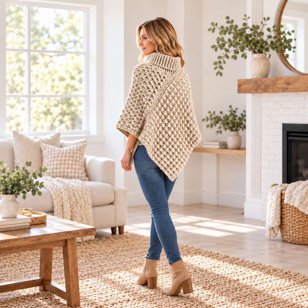 Crochet Turtleneck Poncho Pattern PDF + Video Tutorial, Chunky Textured Poncho, Cozy Women's Crochet Cape, Fall Winter Crochet Pattern