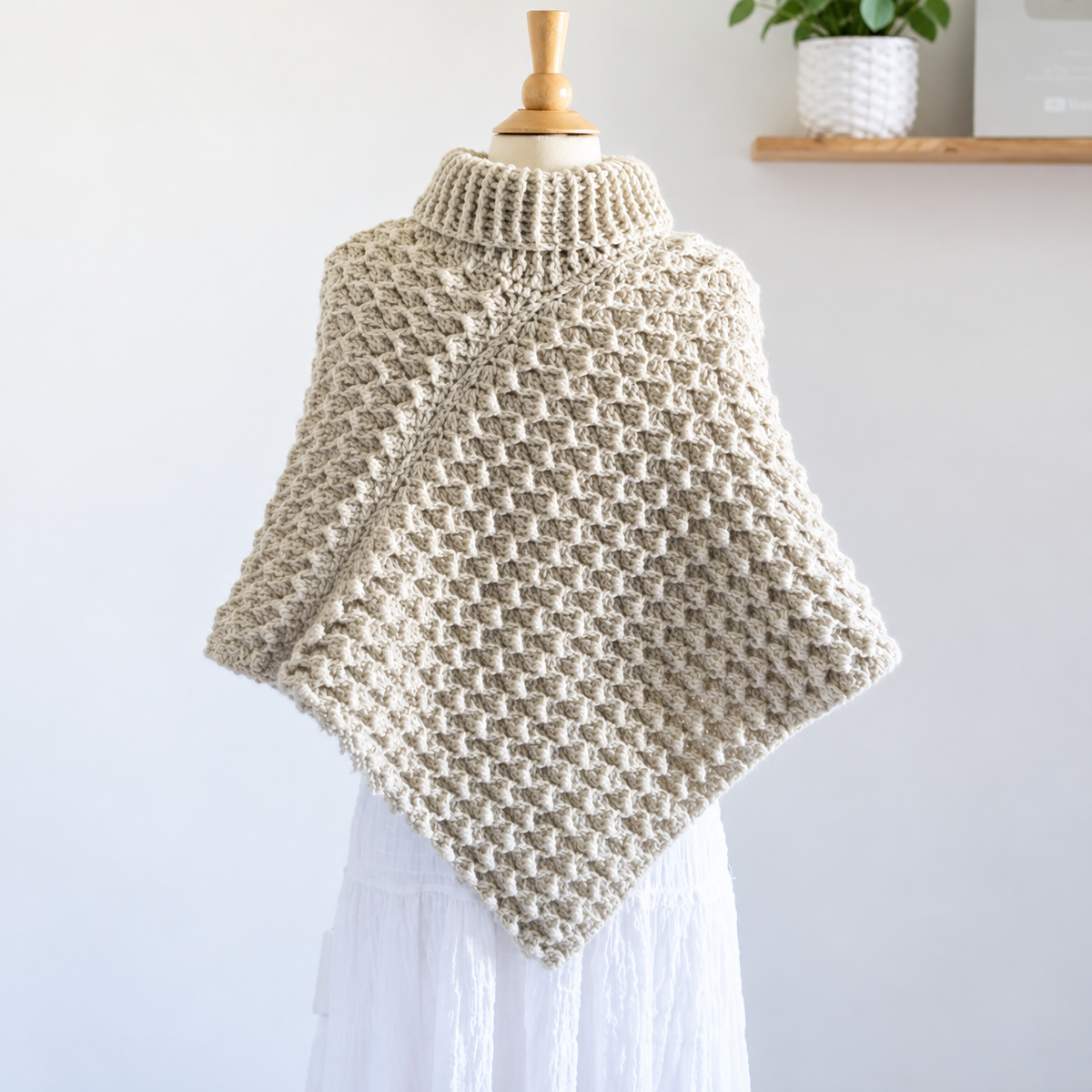 Crochet Turtleneck Poncho Pattern PDF + Video Tutorial, Chunky Textured Poncho, Cozy Women's Crochet Cape, Fall Winter Crochet Pattern