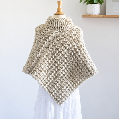 Crochet Turtleneck Poncho Pattern PDF + Video Tutorial, Chunky Textured Poncho, Cozy Women's Crochet Cape, Fall Winter Crochet Pattern