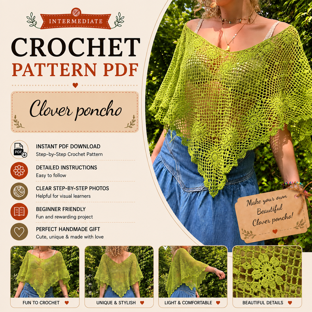Clover Poncho Crochet Pattern PDF, Lace Crochet Poncho Pattern, Boho Summer Top, Floral Openwork Cape, Women’s Crochet Pattern