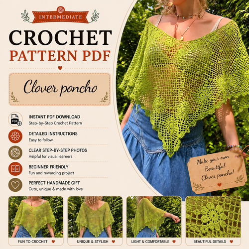 Clover Poncho Crochet Pattern PDF, Lace Crochet Poncho Pattern, Boho Summer Top, Floral Openwork Cape, Women’s Crochet Pattern