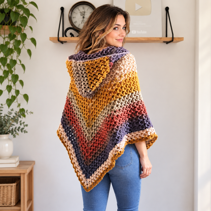 Crochet Hooded Poncho Pattern PDF + Video Tutorial, Autumn Leaves Poncho Crochet Pattern, Women’s Boho Poncho, Fall Crochet Clothing