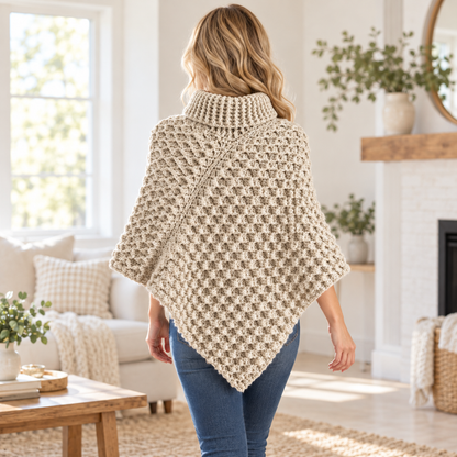 Crochet Turtleneck Poncho Pattern PDF + Video Tutorial, Chunky Textured Poncho, Cozy Women's Crochet Cape, Fall Winter Crochet Pattern