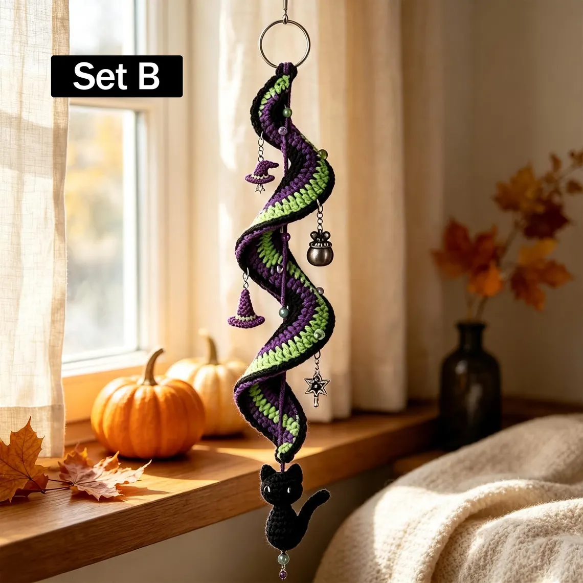 Halloween Crochet Spiral Wind Chime Ornament DIY Kit & Pattern, Ghost Pumpkin Bat Black Cat Hanging Decor, Beginner Friendly Handmade Halloween Gift