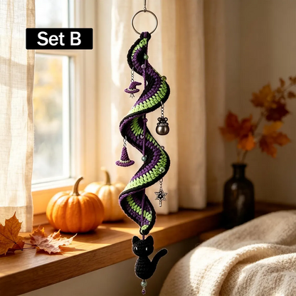 Halloween Crochet Spiral Wind Chime Ornament DIY Kit & Pattern, Ghost Pumpkin Bat Black Cat Hanging Decor, Beginner Friendly Handmade Halloween Gift