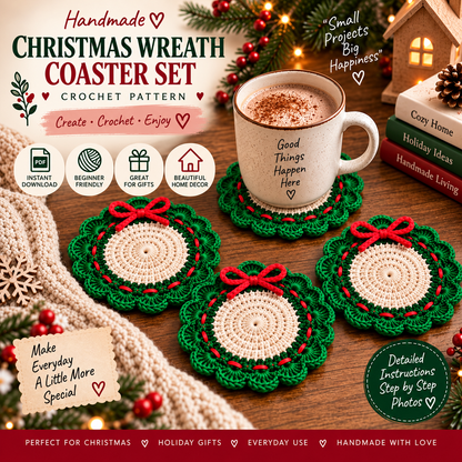 Christmas Wreath Coaster Crochet Pattern PDF, Holiday Table Decor, Christmas Crochet Coaster, Festive Mug Mat, Beginner Crochet Pattern