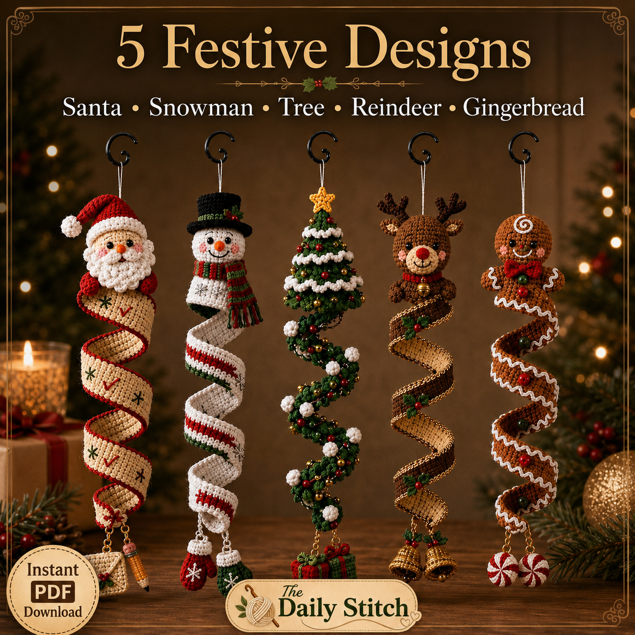 Christmas Spiral Ornament Crochet Pattern PDF | 5 in 1 Santa Snowman Reindeer Gingerbread Tree | Amigurumi Hanging Decor Digital Download