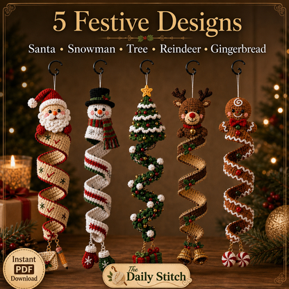 Christmas Spiral Ornament Crochet Pattern PDF | 5 in 1 Santa Snowman Reindeer Gingerbread Tree | Amigurumi Hanging Decor Digital Download