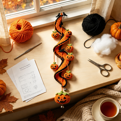 Halloween Crochet Spiral Wind Chime Ornament DIY Kit & Pattern, Ghost Pumpkin Bat Black Cat Hanging Decor, Beginner Friendly Handmade Halloween Gift