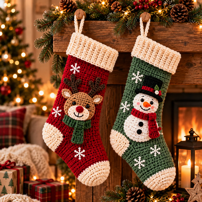 5 in 1 Christmas Stocking Crochet Pattern PDF, Tree Reindeer Snowman Poinsettia Gingerbread Stocking, Holiday Decor Pattern Bundle