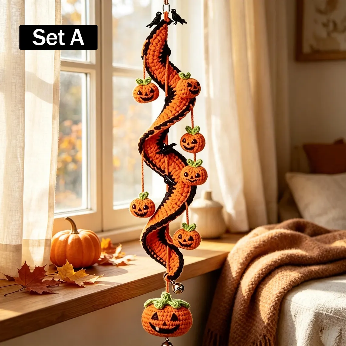 Halloween Crochet Spiral Wind Chime Ornament DIY Kit & Pattern, Ghost Pumpkin Bat Black Cat Hanging Decor, Beginner Friendly Handmade Halloween Gift