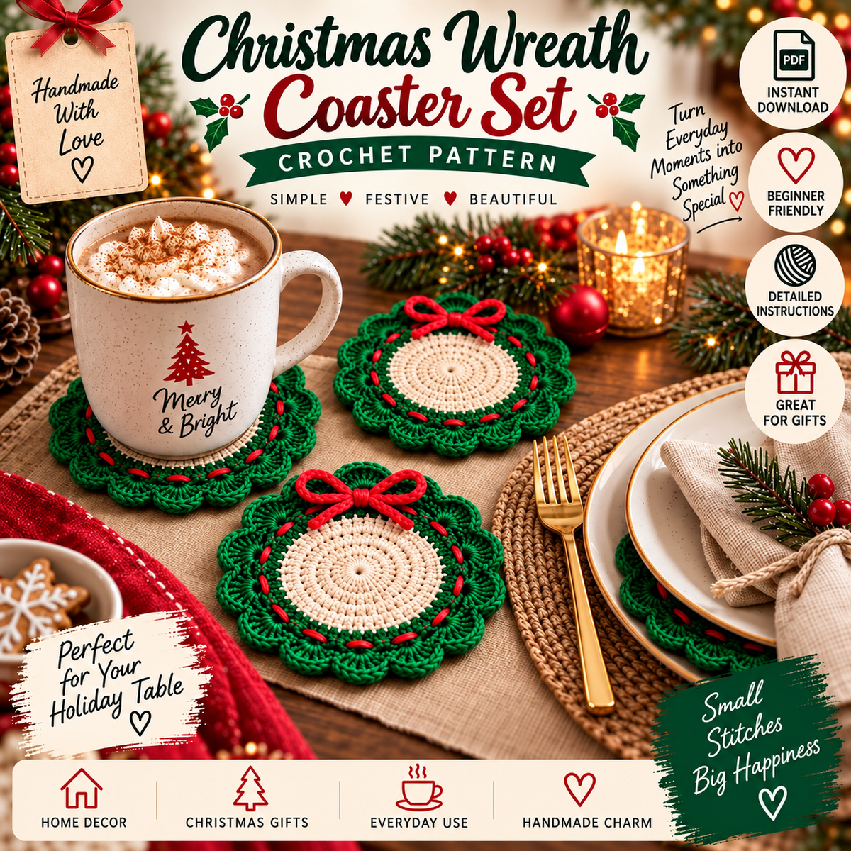 Christmas Wreath Coaster Crochet Pattern PDF, Holiday Table Decor, Christmas Crochet Coaster, Festive Mug Mat, Beginner Crochet Pattern
