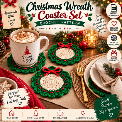 Christmas Wreath Coaster Crochet Pattern PDF, Holiday Table Decor, Christmas Crochet Coaster, Festive Mug Mat, Beginner Crochet Pattern