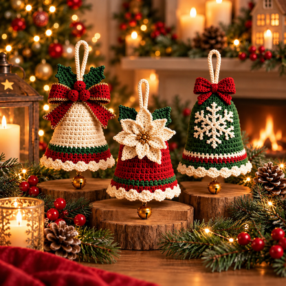 3-in-1 Crochet Christmas Bell Ornament Pattern PDF | Christmas Tree Decorations | Poinsettia, Snowflake & Bow Bell | Holiday Crochet Pattern