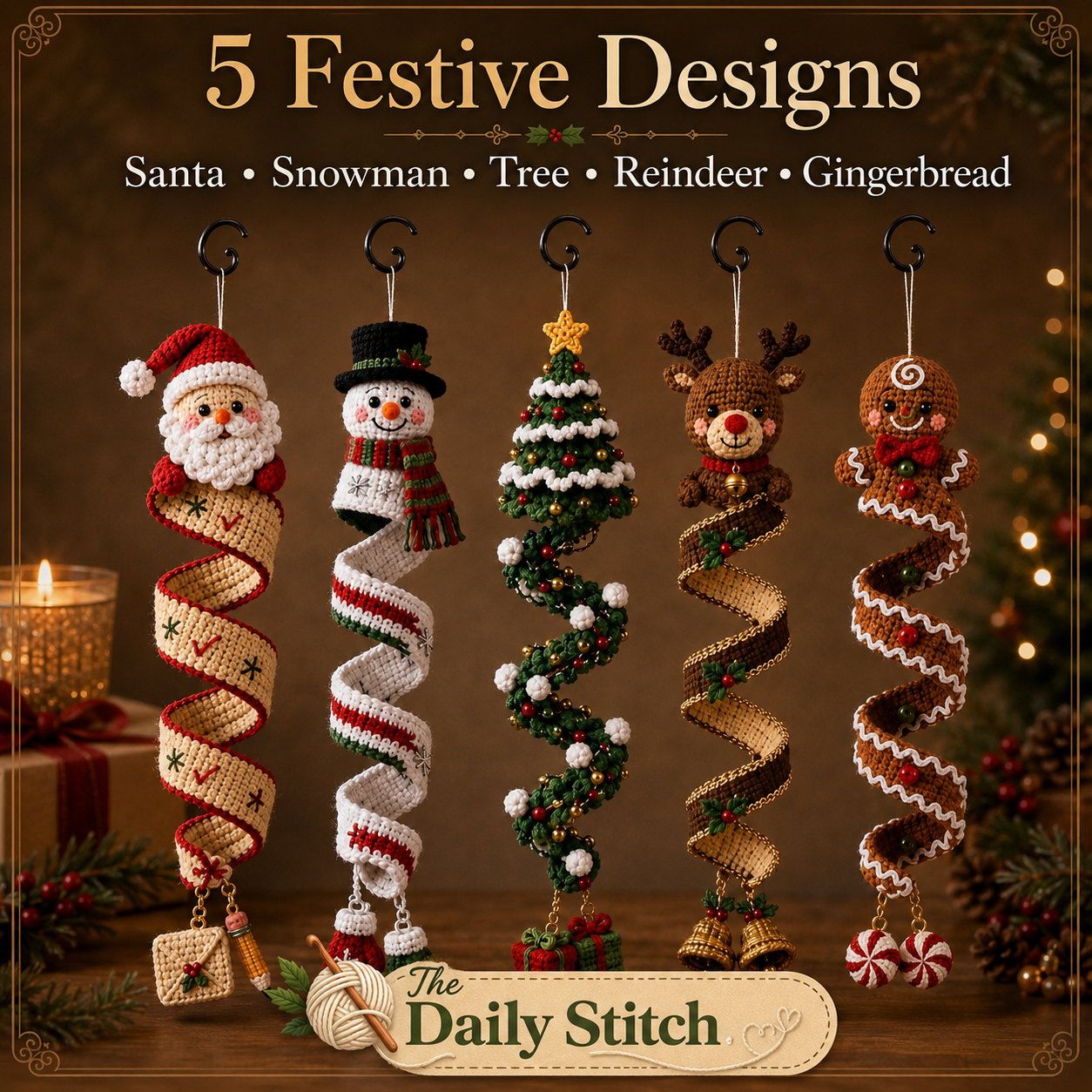 Christmas Spiral Ornament Crochet Pattern PDF | 5 in 1 Santa Snowman Reindeer Gingerbread Tree | Amigurumi Hanging Decor Digital Download